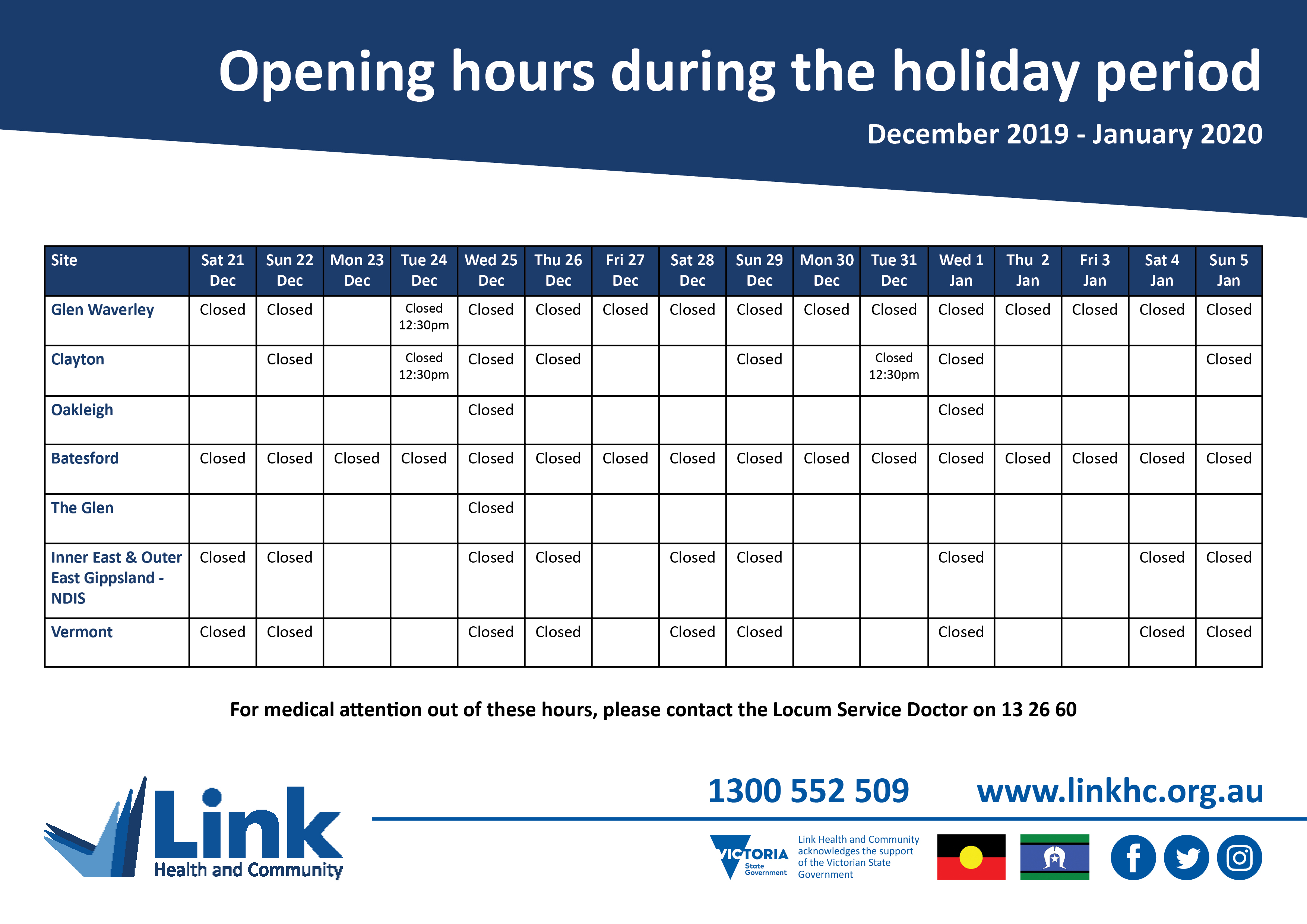 Holiday Opening Hours 2019-2020